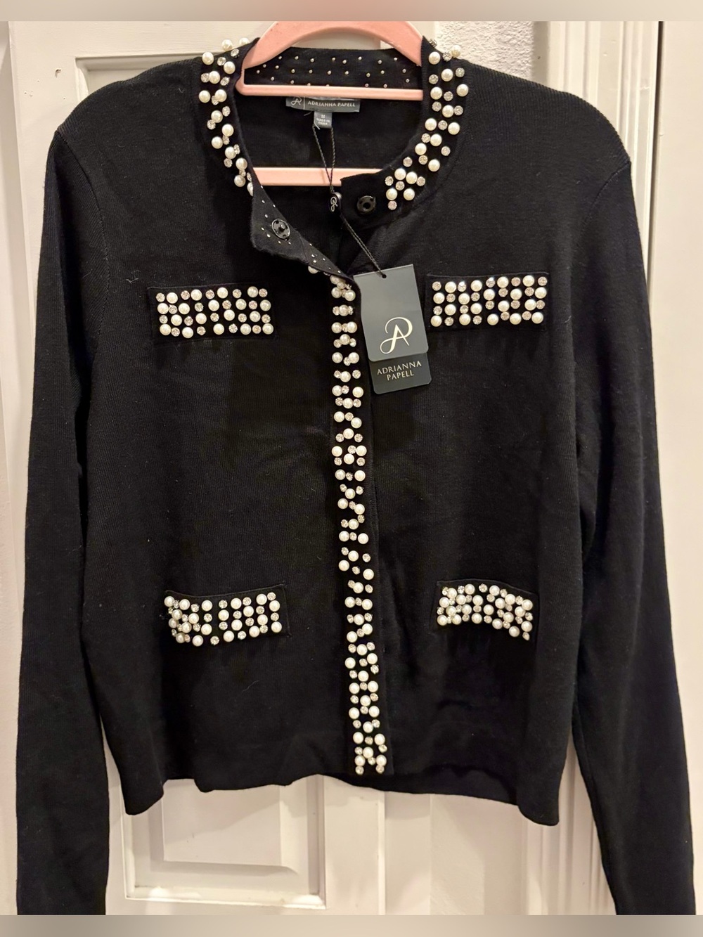 NWT ADRIANNE PAPELL Black Elegant Faux Pearl/Crystal Trimmed Cardigan ~ Classy